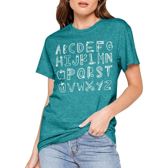Women Teaching Tshirt Alphabet Graphic Tops Kindergarten Teachers Gift T-Shirt - Picture 3 of 6